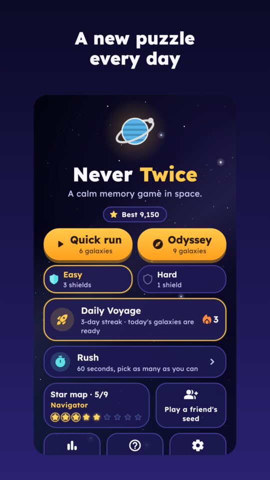 Home screen with Quick run, Odyssey, Daily Voyage and Rush